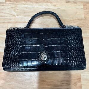 Vtg  Brighton Black Leather Croc Embossed Top Handle Bag